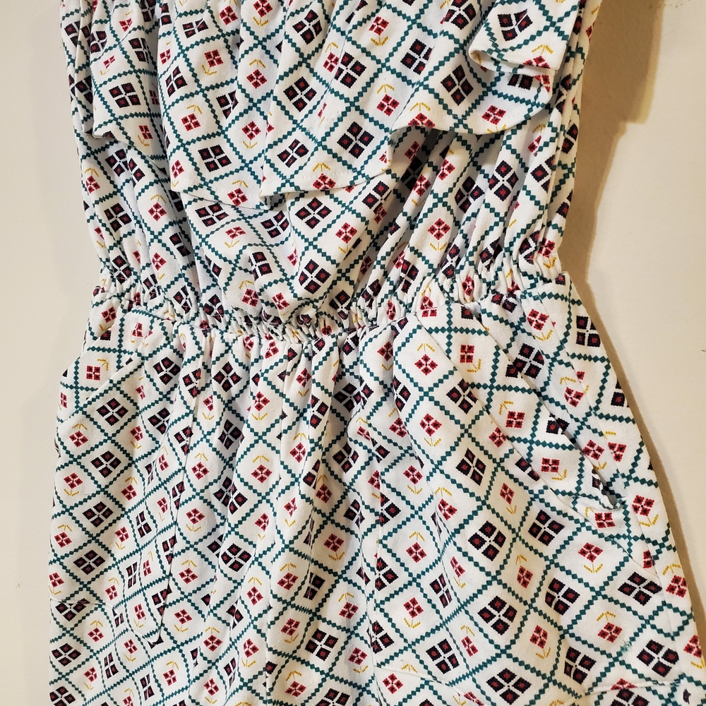 Vintage Retro Romper Geo Pattern Ruffle Tube Top w/ Pockets Sz M